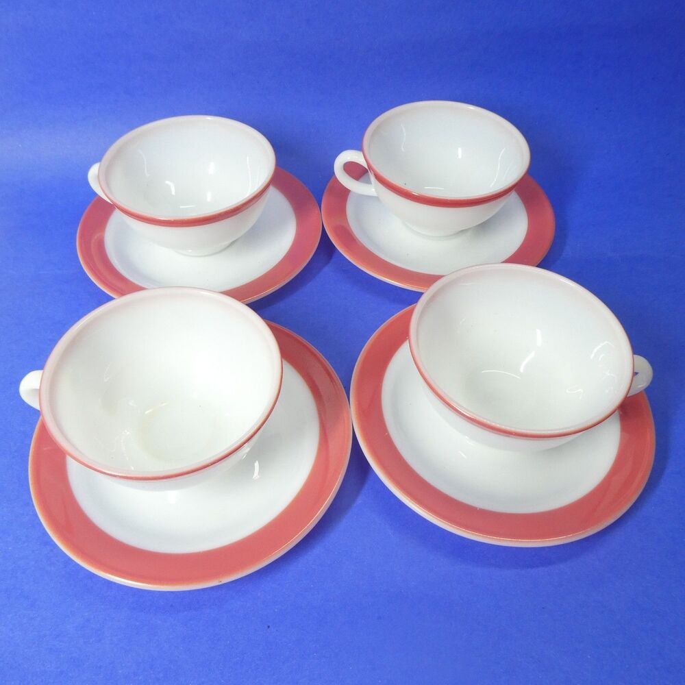 4 Pyrex Cup Saucer Sets - Pink Flamingo Band Rim + White Milk Glass Vintage MCM